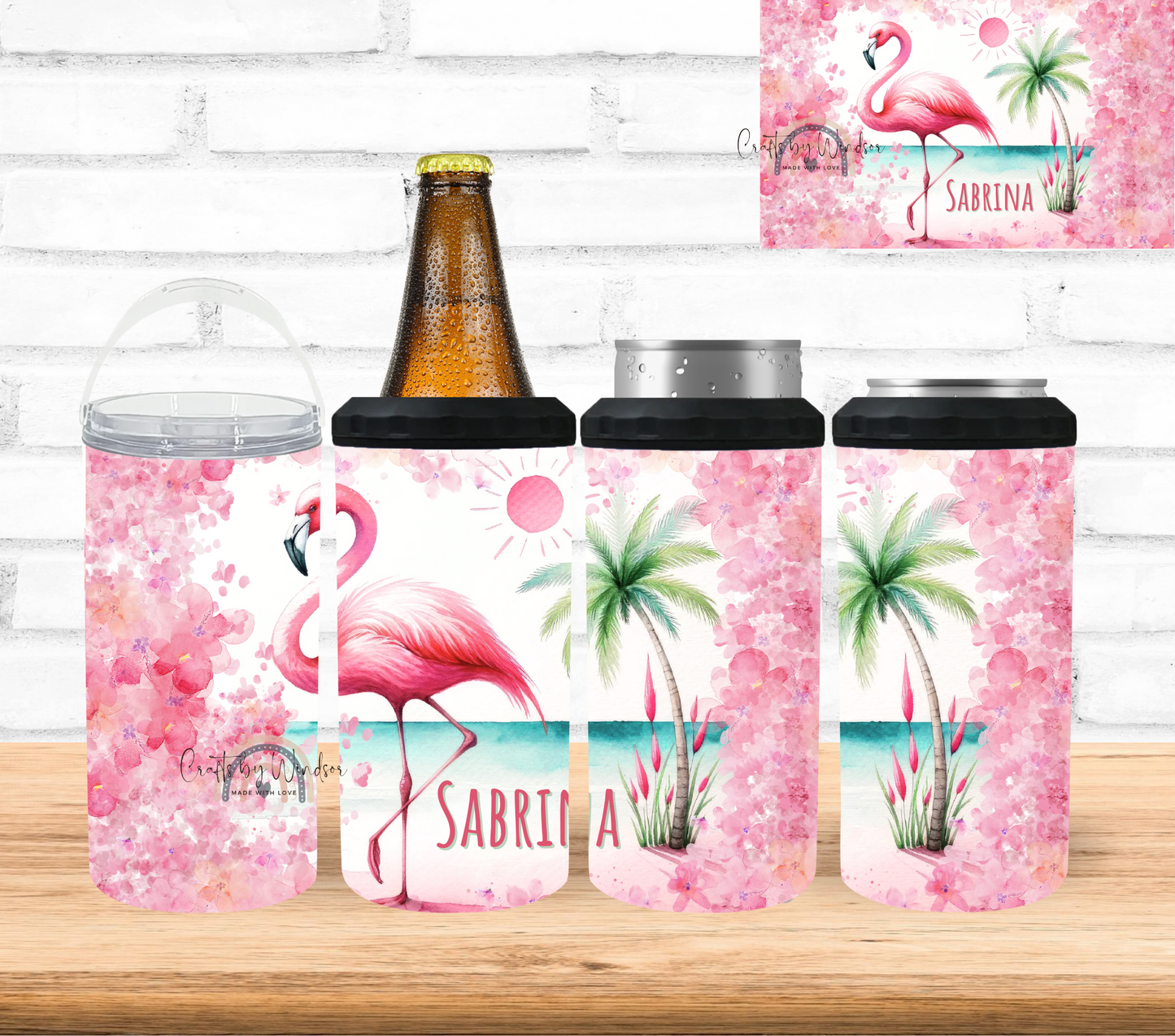 Pink Flamingo Can Cooler Personalized