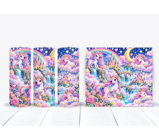 Magical Unicorn Rainbow 20 oz Tumbler with Castle & Waterfall Design