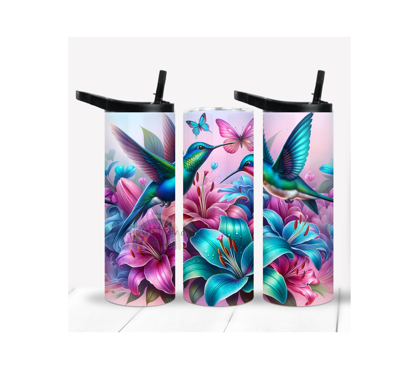 Hummingbird Tumbler with Lilies