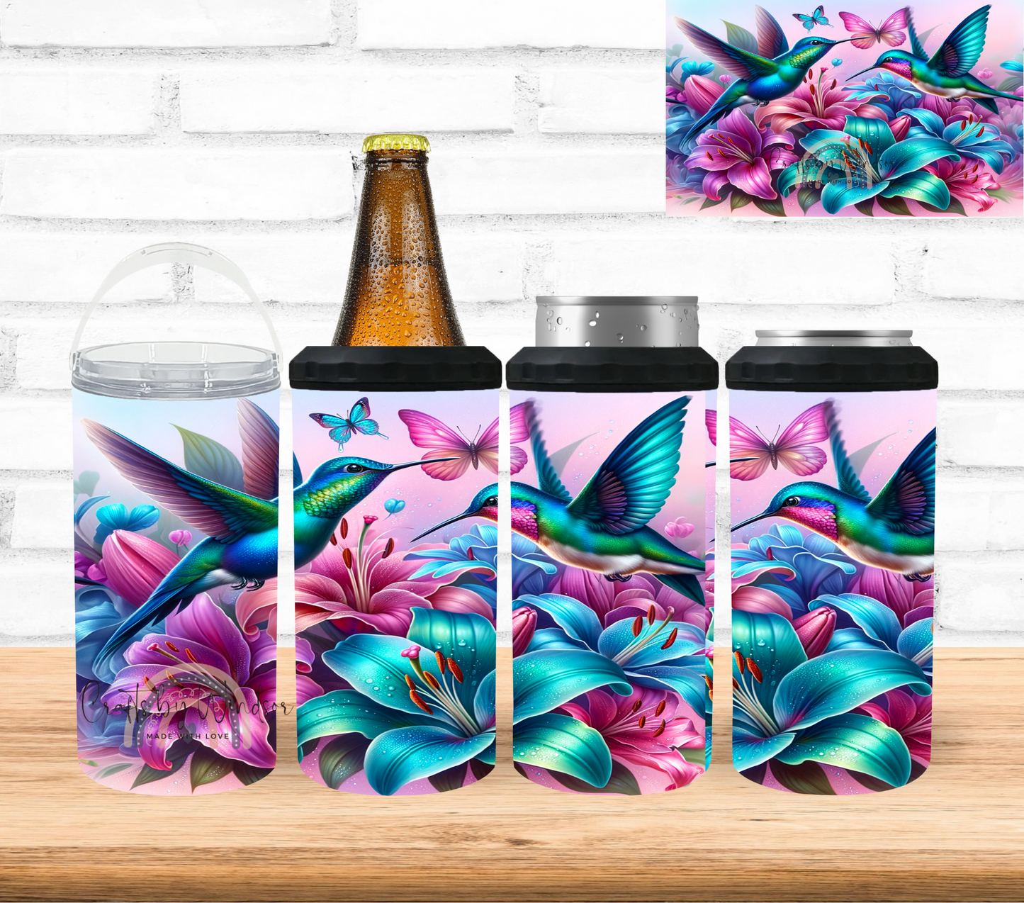 Hummingbird with Lilies 4 in 1 Can Cooler