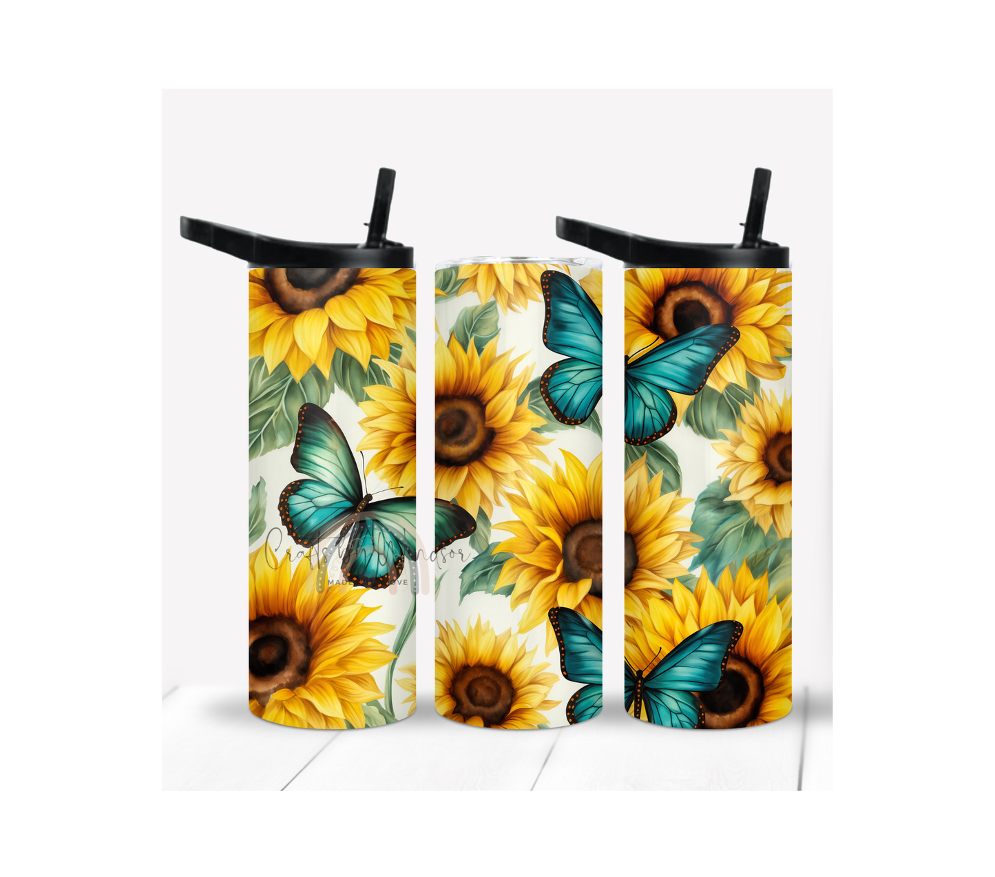 Sunflower and Blue Butterflies Tumbler