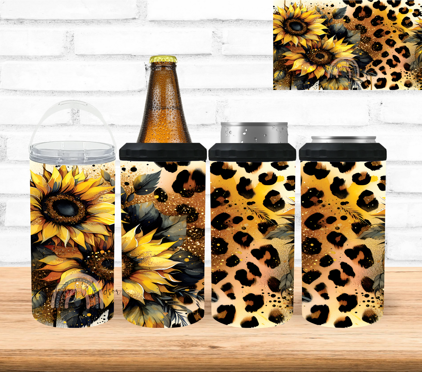 Sunflower and Leopard 4 in 1 Can Cooler