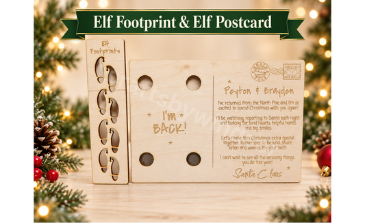 Personalized Birch Wood Elf Postcard & Footprint Stencil Set
