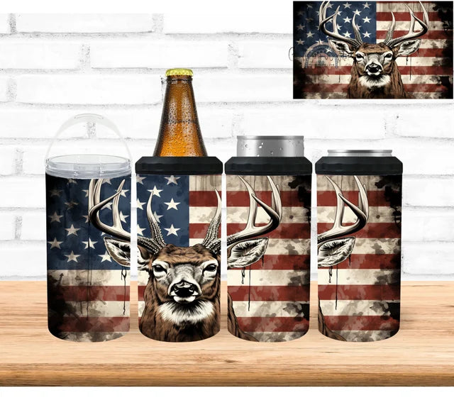 Hunting Deer and American Flag 4 in 1 Can Cooler
