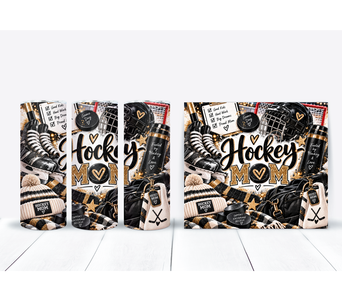 Hockey Mom 20 oz Duo Lid Tumbler | Black Gold Glitter Sports Drinkware | Ice Hockey Mother's Gift
