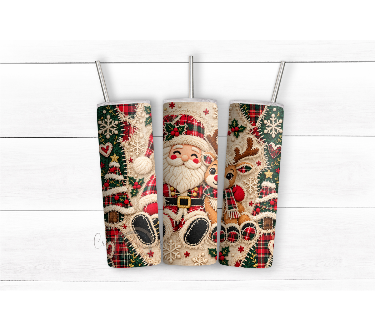 Christmas Patchwork Santa & Reindeer 20 oz Duo Lid Tumbler