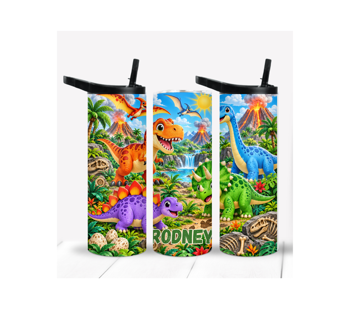 Personalized Kids Dinosaur 20 oz Tumbler with Volcano Jungle Design