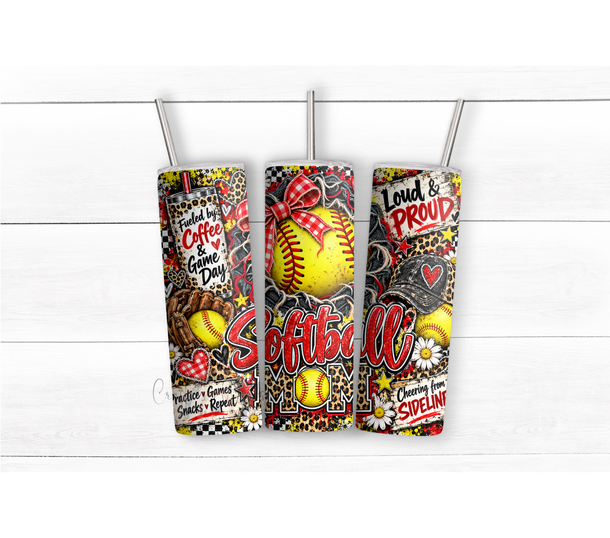 Softball Mom 4-in-1 Can Cooler | Leopard Print Red Gingham Game Day Gift