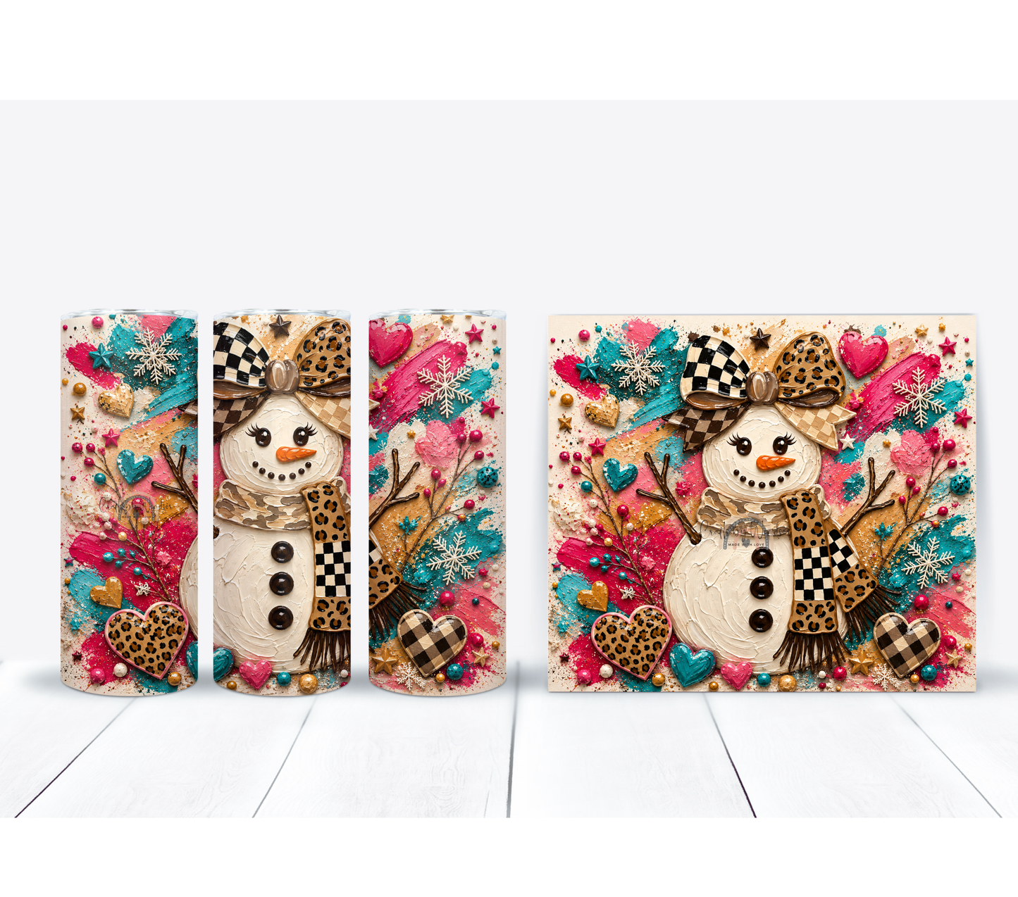 Colorful Leopard Snowman 20oz Tumbler, Pink Teal Christmas Drinkware