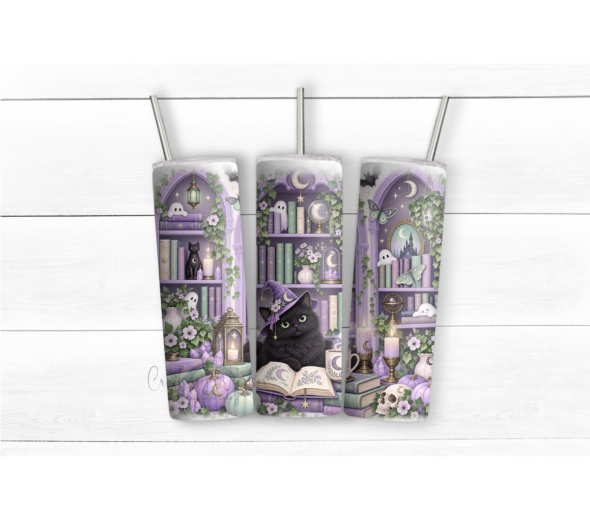 Spooky Book Lover Black Cat 20oz Duo Lid Tumbler | Purple Witchy Reading Cup