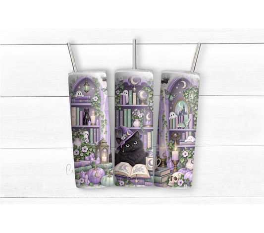 Spooky Book Lover Black Cat 20oz Duo Lid Tumbler | Purple Witchy Reading Cup