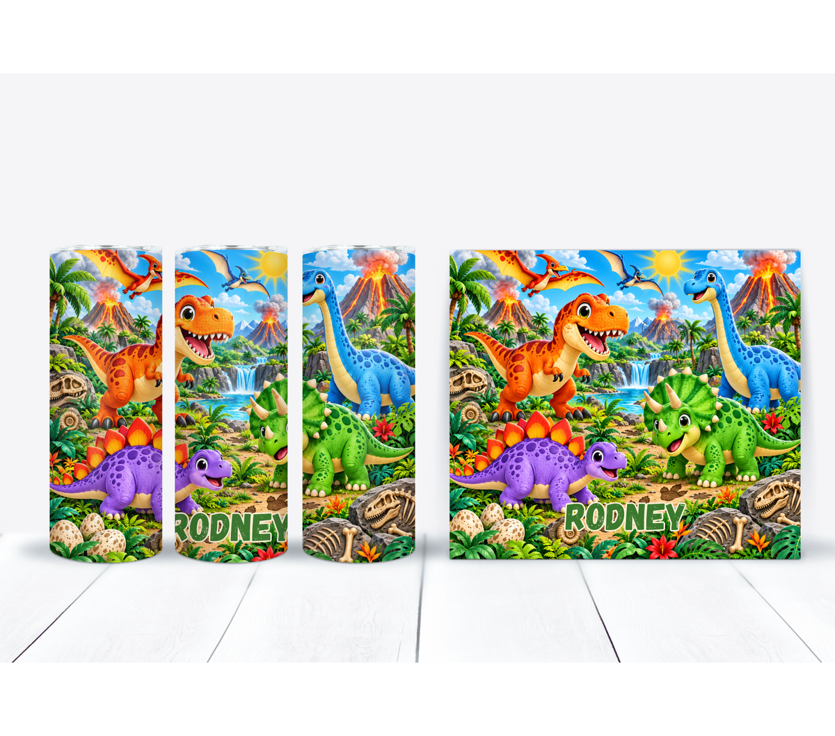 Personalized Kids Dinosaur 20 oz Tumbler with Volcano Jungle Design
