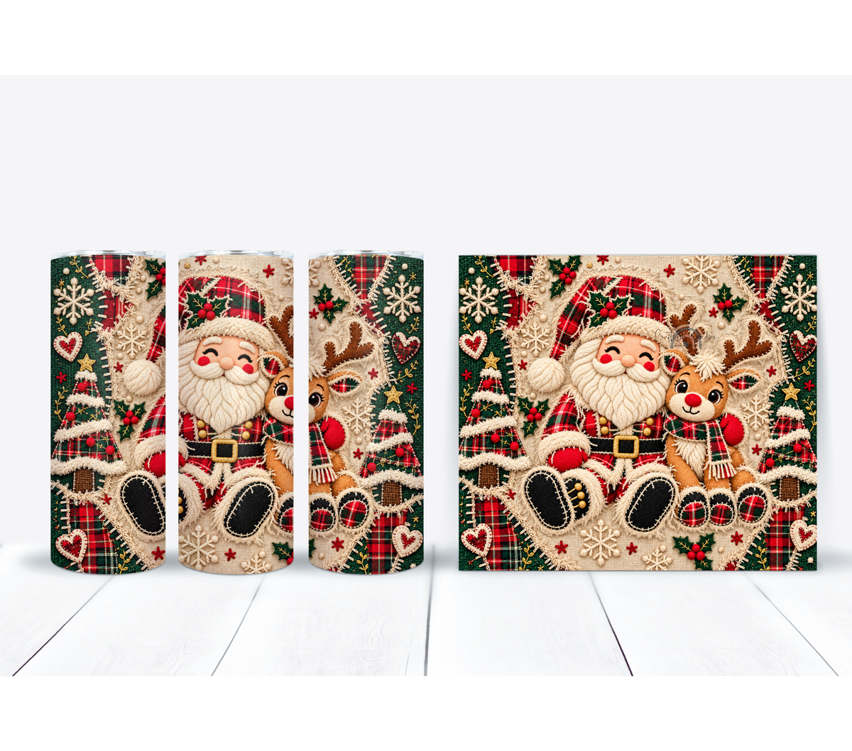 Christmas Patchwork Santa & Reindeer 20 oz Duo Lid Tumbler