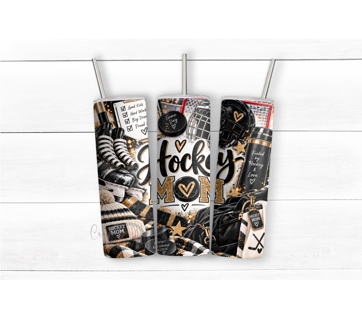 Hockey Mom 20 oz Duo Lid Tumbler | Black Gold Glitter Sports Drinkware | Ice Hockey Mother's Gift