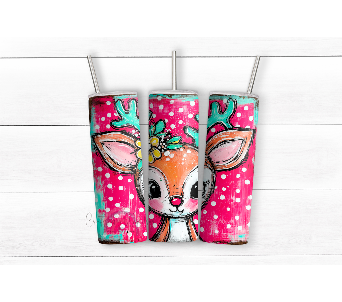 Colorful Christmas Reindeer 20oz Tumbler, Pink Teal Holiday Deer Cup