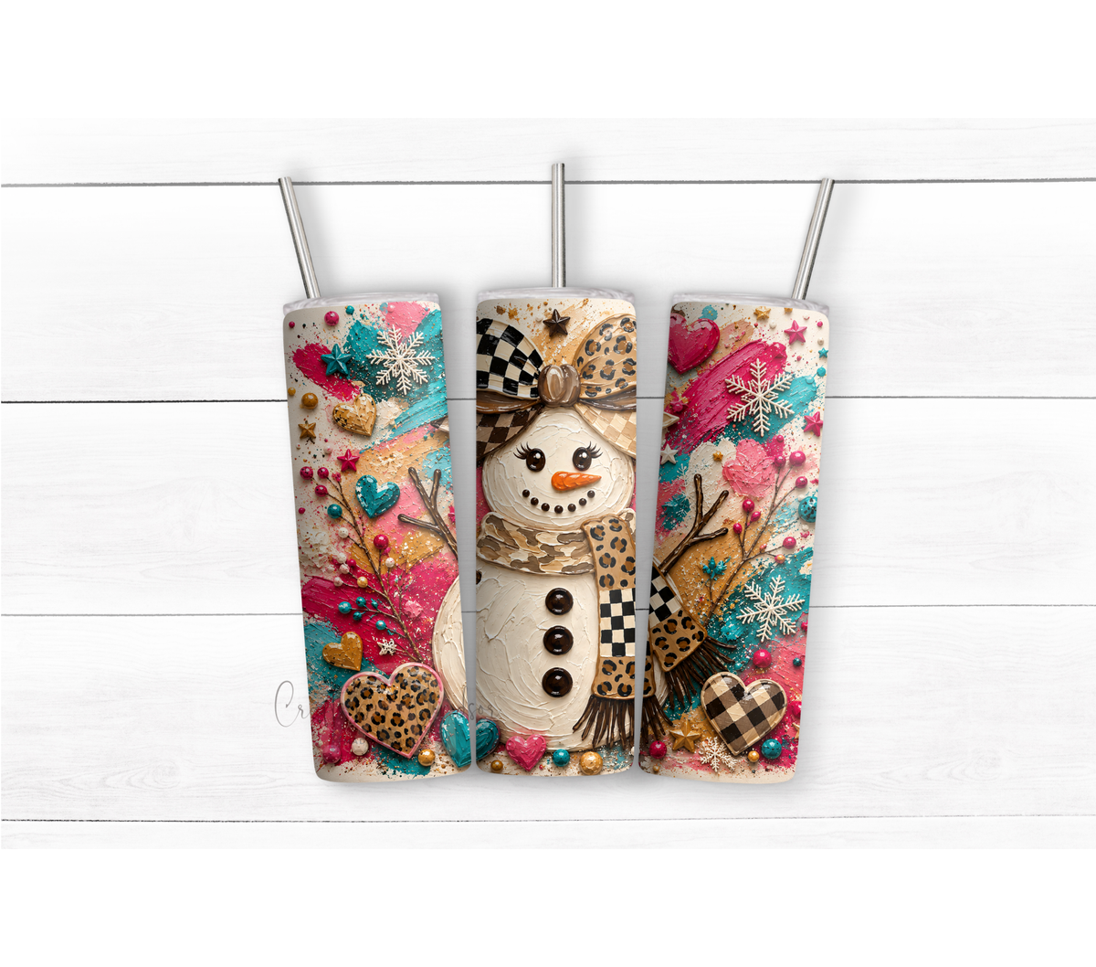 Colorful Leopard Snowman 20oz Tumbler, Pink Teal Christmas Drinkware