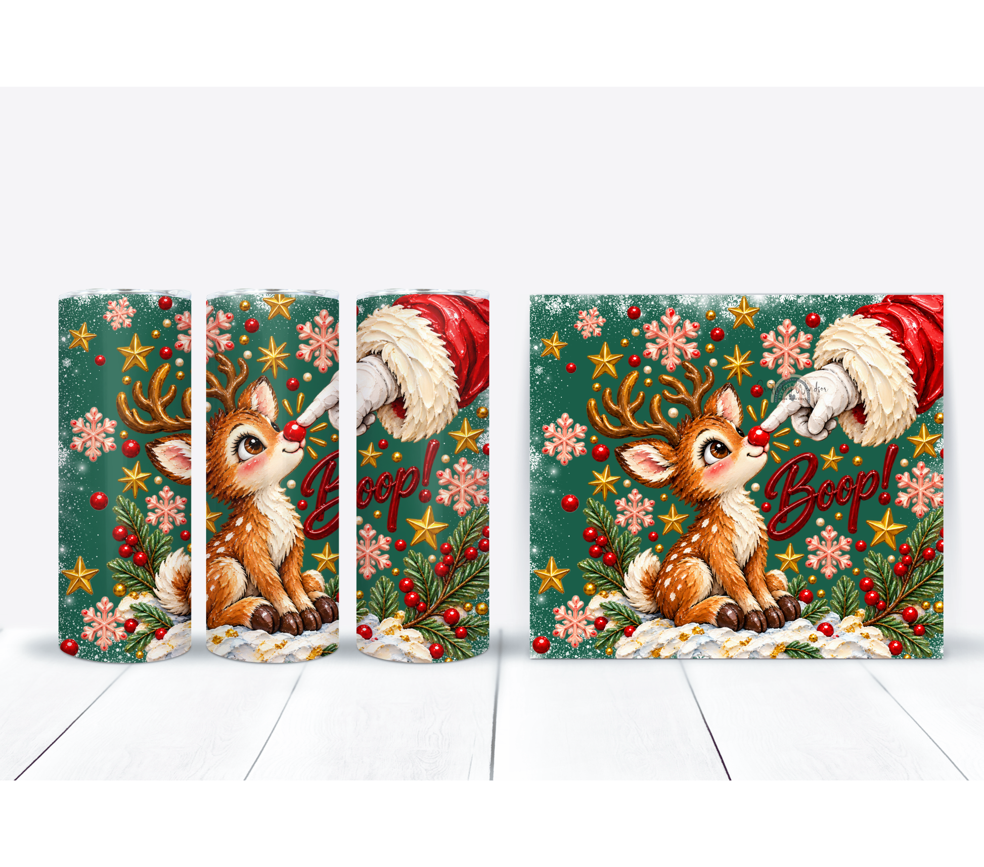 Christmas reindeer holiday tumbler with snowflakes stars and greenery