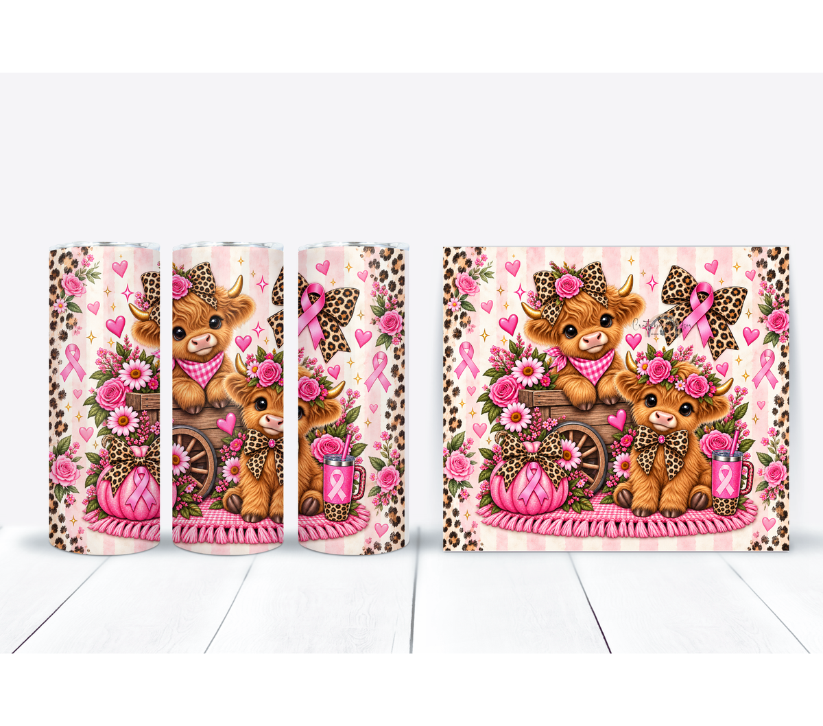 Highland Cow Breast Cancer Awareness Tumbler – Pink Ribbon & Leopard Bows
