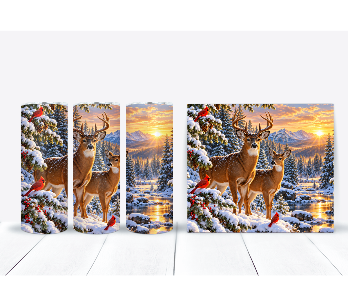 Winter Deer 20 oz Tumbler with Cardinals & Snowy Mountain Forest