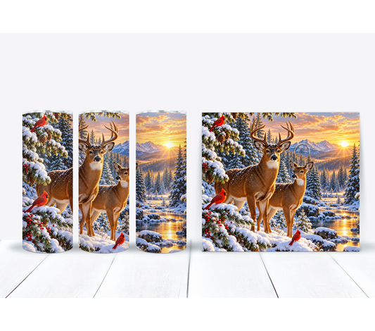 Winter Deer 20 oz Tumbler with Cardinals & Snowy Mountain Forest