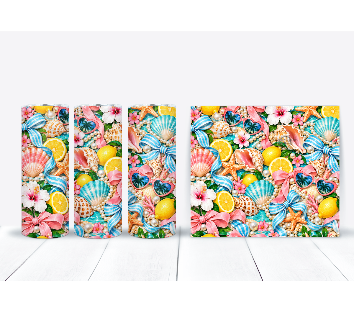 Tropical Beach 20 oz Tumbler with Seashells, Lemons & Hibiscus