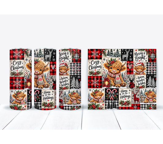 Highland Cow Christmas 20 oz Duo Lid Tumbler | Buffalo Plaid Farmhouse Holiday Cup