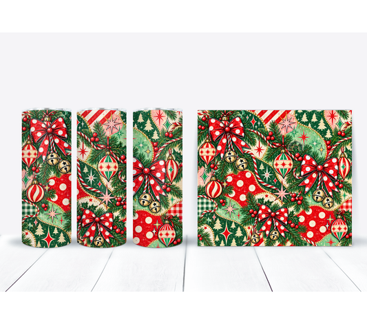 Retro Christmas 20 oz Duo Lid Tumbler | Vintage Ornaments & Festive Holiday Bows