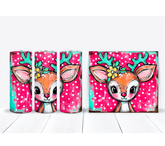 Colorful Christmas Reindeer 20oz Tumbler, Pink Teal Holiday Deer Cup