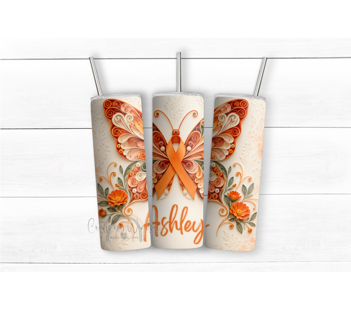 Personalized MS Awareness Butterfly Tumbler – Orange Ribbon Design