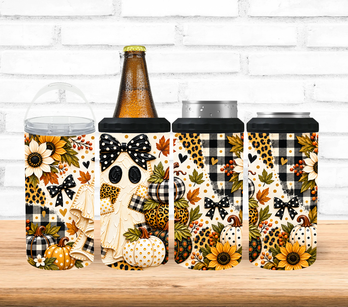 Fall Ghost 4-in-1 Can Cooler | Pumpkin Sunflower Halloween Tumbler