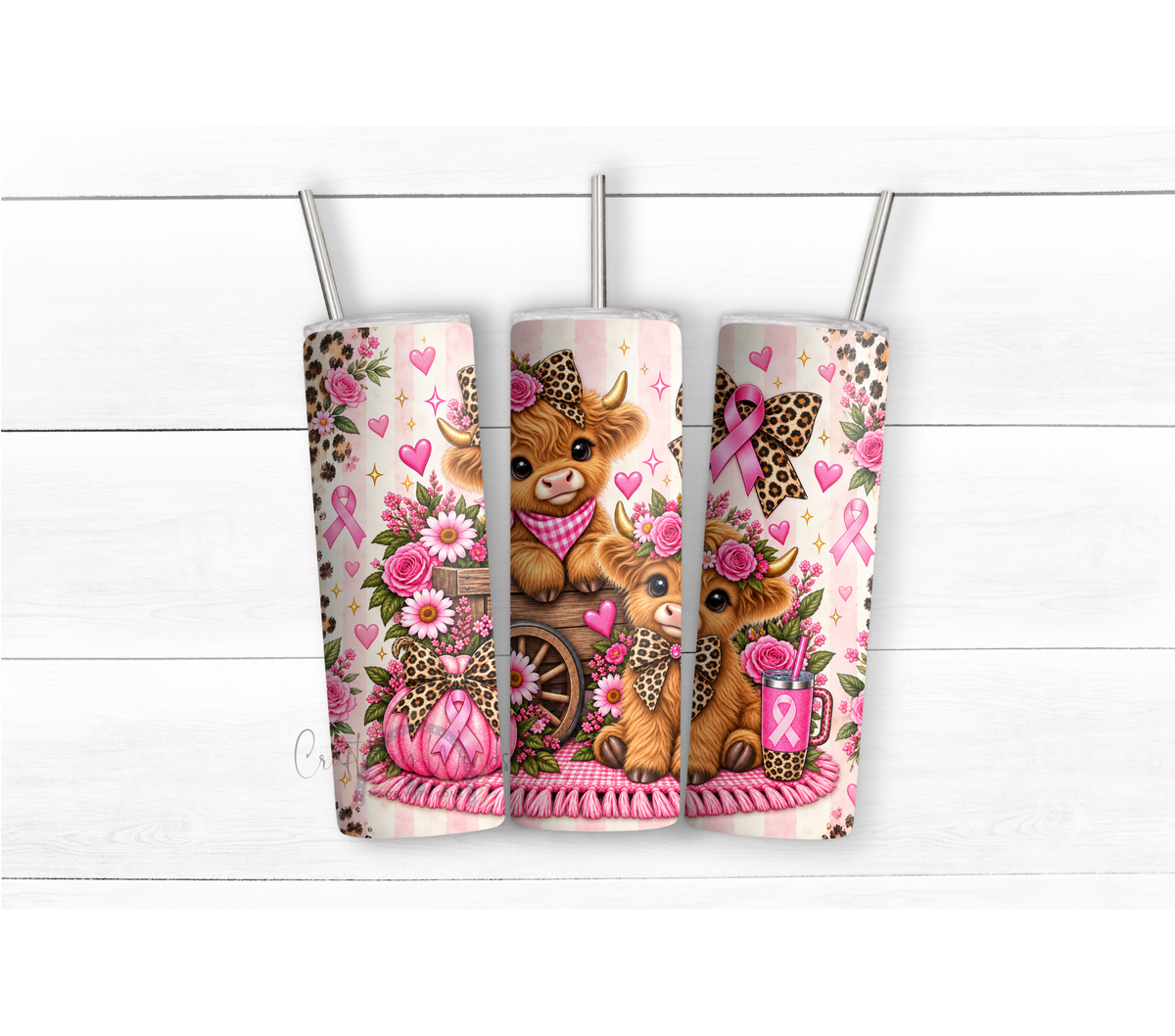 Highland Cow Breast Cancer Awareness Tumbler – Pink Ribbon & Leopard Bows