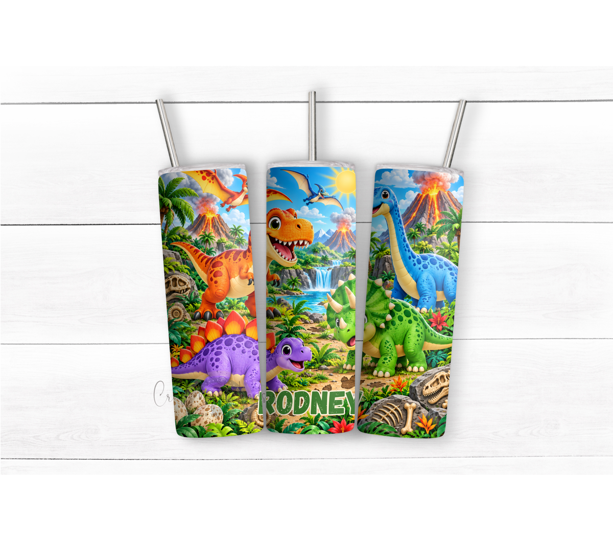 Personalized Kids Dinosaur 20 oz Tumbler with Volcano Jungle Design