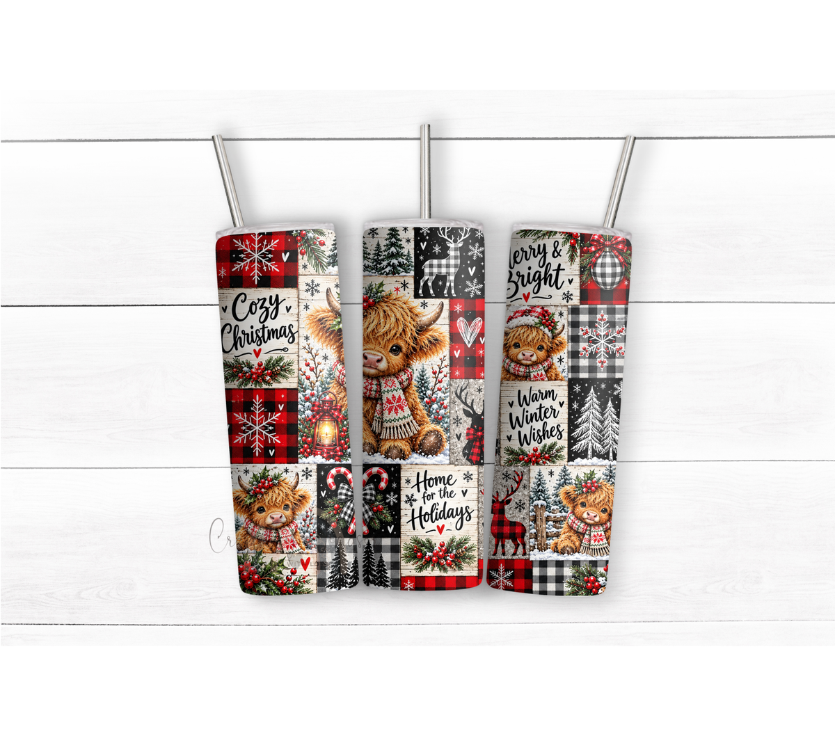 Highland Cow Christmas 20 oz Duo Lid Tumbler | Buffalo Plaid Farmhouse Holiday Cup