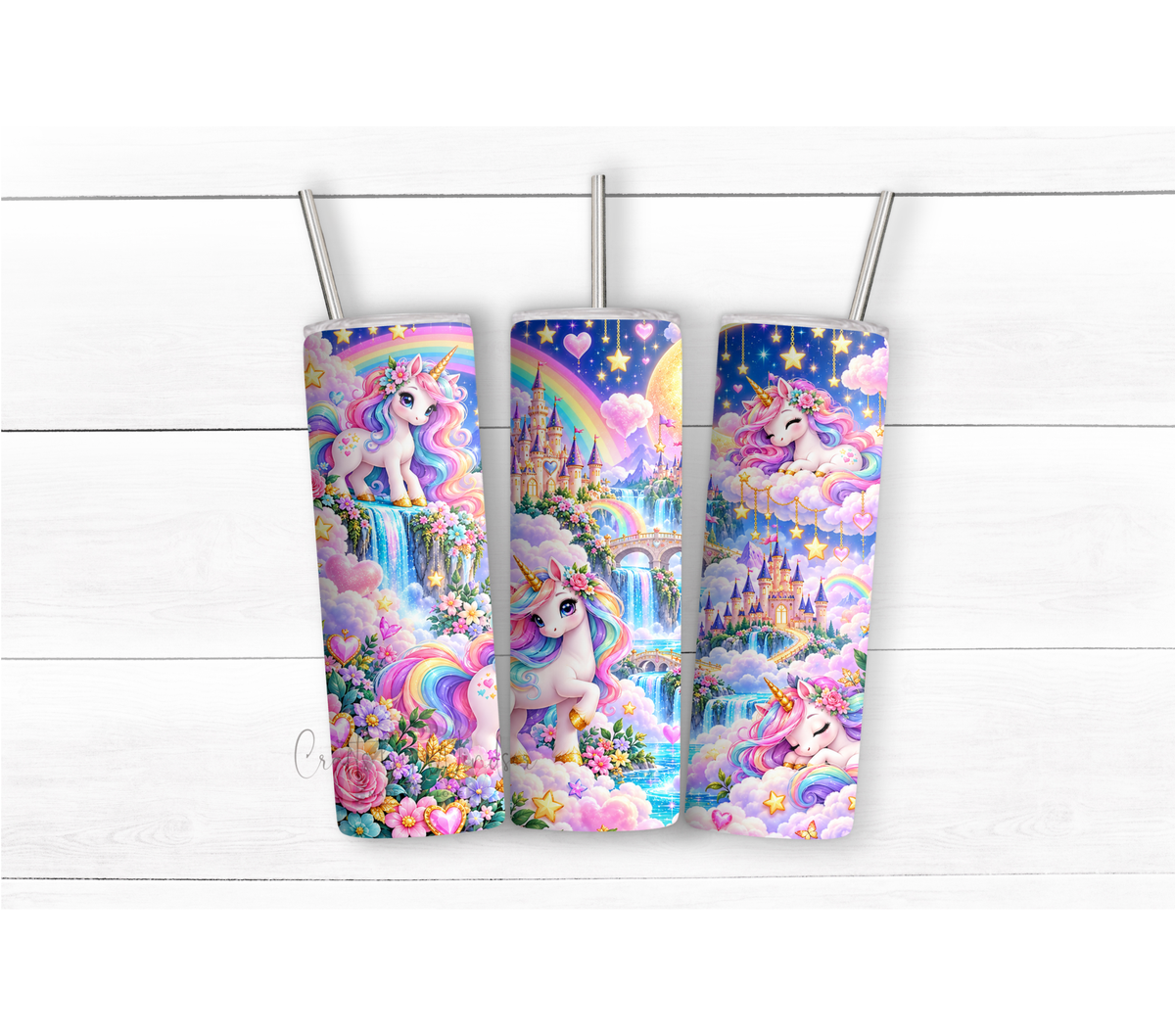 Magical Unicorn Rainbow 20 oz Tumbler with Castle & Waterfall Design