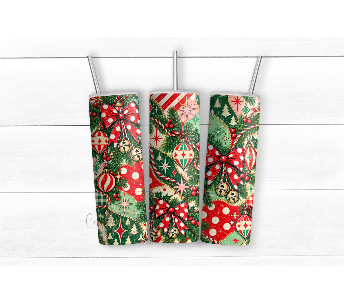 Retro Christmas 20 oz Duo Lid Tumbler | Vintage Ornaments & Festive Holiday Bows