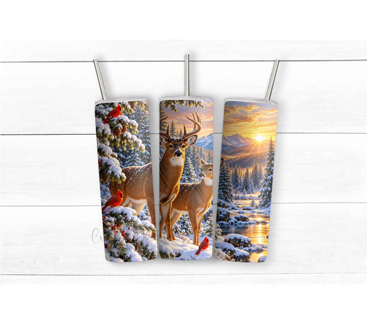 Winter Deer 20 oz Tumbler with Cardinals & Snowy Mountain Forest