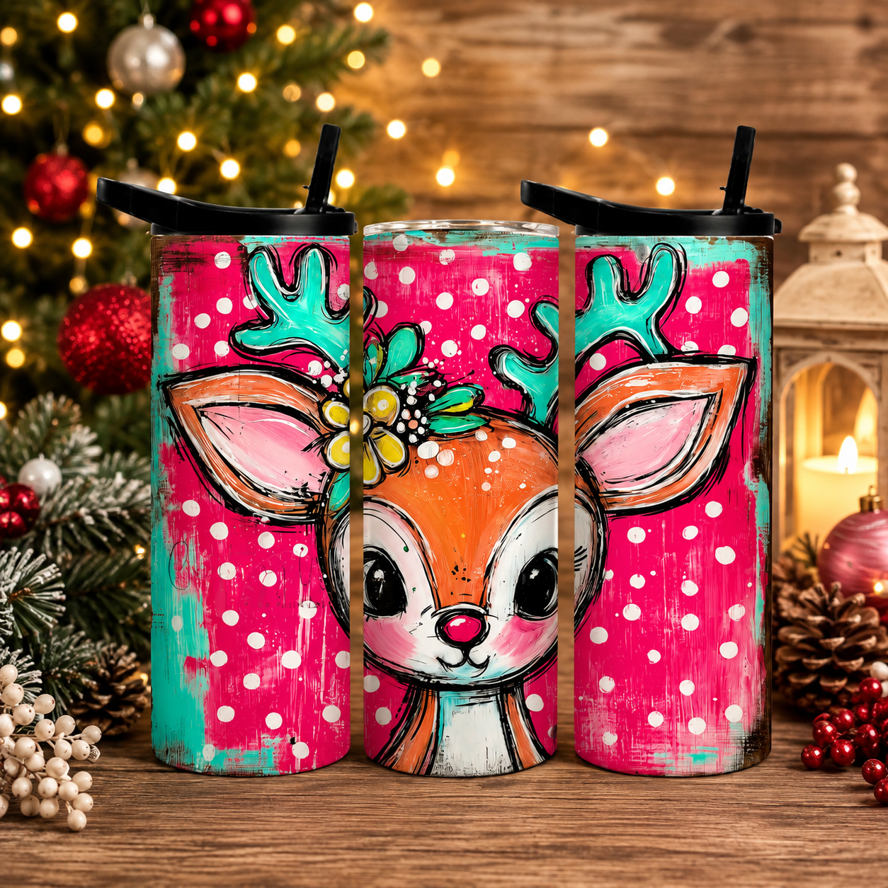 Colorful Christmas Reindeer 20oz Tumbler, Pink Teal Holiday Deer Cup