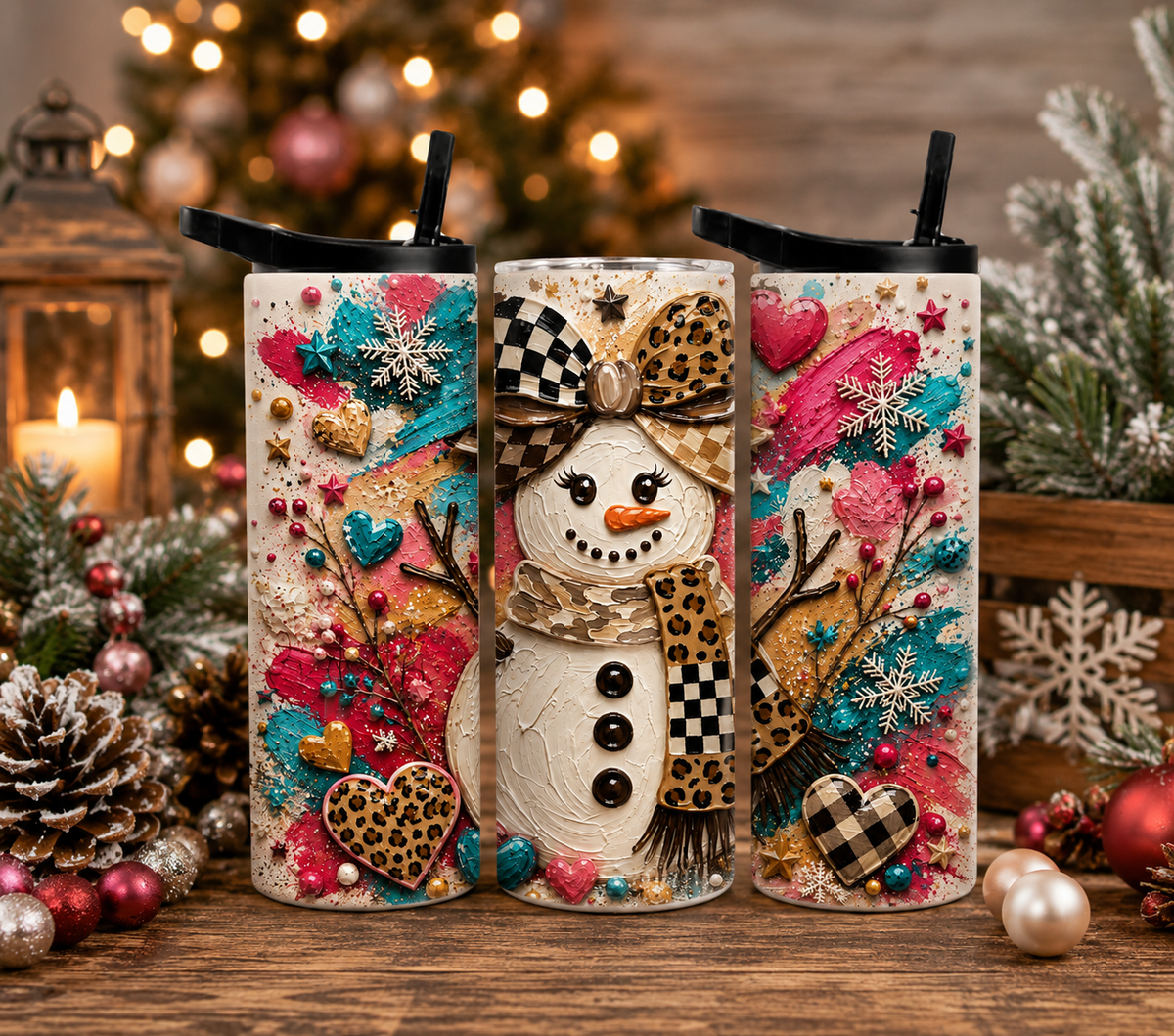 Colorful Leopard Snowman 20oz Tumbler, Pink Teal Christmas Drinkware