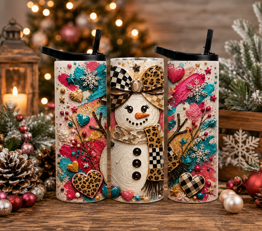 Colorful Leopard Snowman 20oz Tumbler, Pink Teal Christmas Drinkware