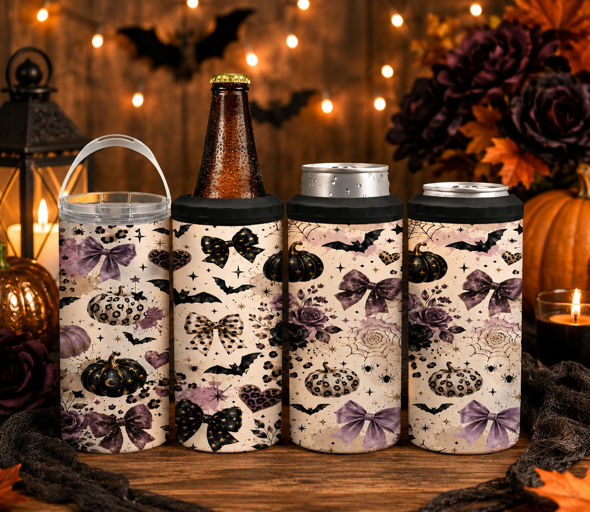 Gothic Halloween 4-in-1 Can Cooler, Leopard Pumpkin Bows & Bats Drink Holder