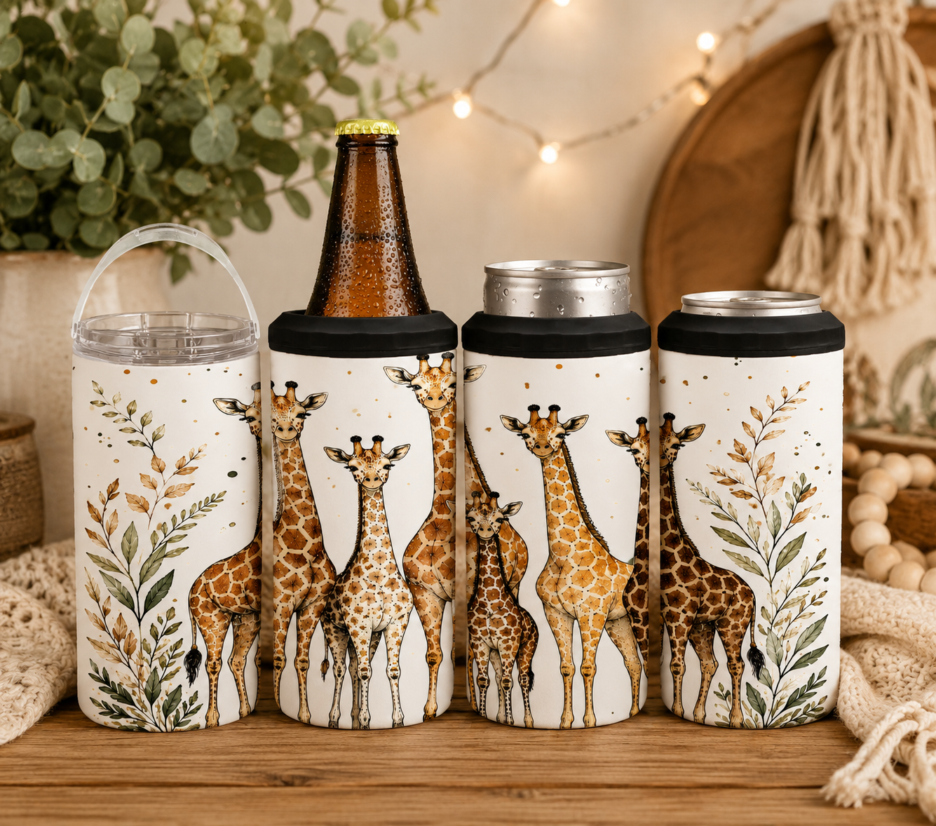 Giraffe Family 4-in-1 Can Cooler, Boho Safari Insulated Drink Holder