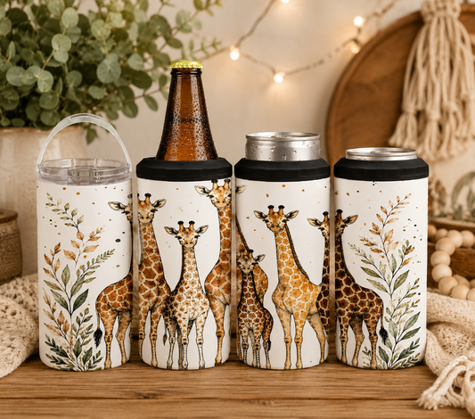 Giraffe Family 4-in-1 Can Cooler, Boho Safari Insulated Drink Holder
