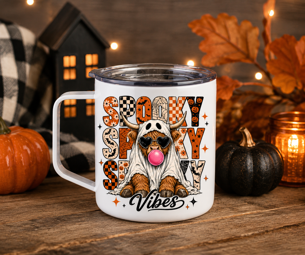 Spooky Highland Cow 12oz Camper Mug, Halloween Ghost Coffee Cup