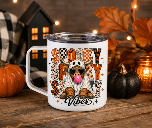 Spooky Highland Cow 12oz Camper Mug, Halloween Ghost Coffee Cup