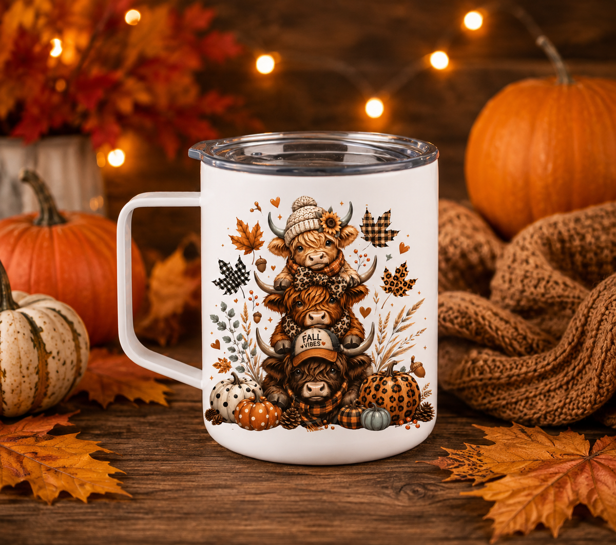 Fall Vibes Highland Cow 12oz Camper Mug, Pumpkin Autumn Coffee Cup