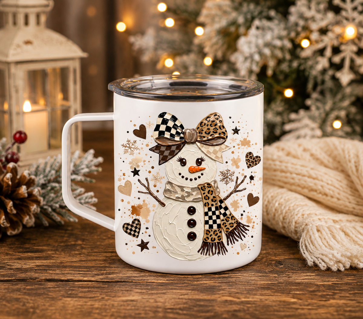 Leopard Snowman 12oz Camper Mug, Neutral Christmas Coffee Cup
