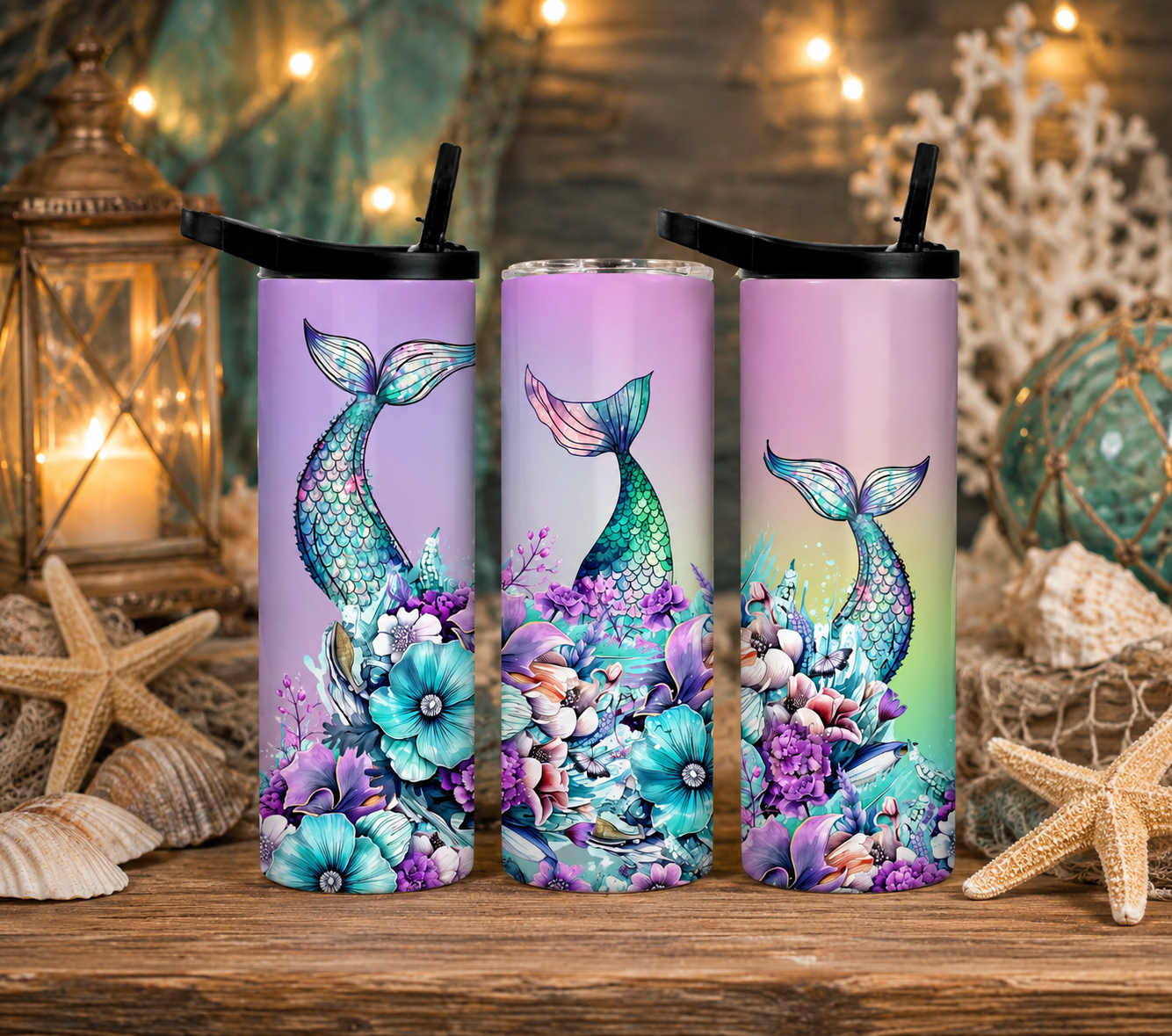 Mermaid Tail Floral 20oz Tumbler, Pastel Ocean Insulated Travel Cup