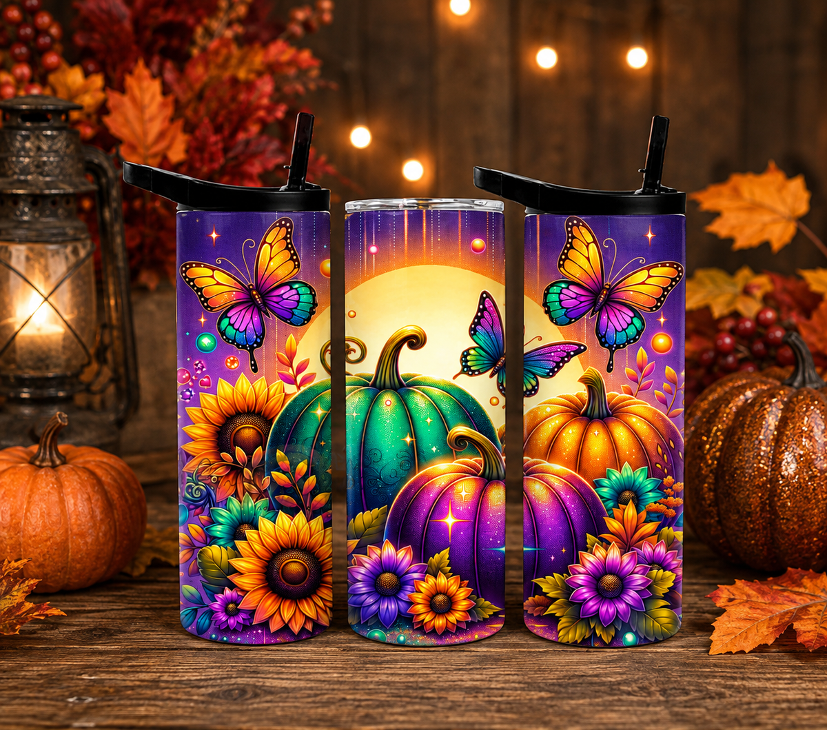 Colorful Fall Pumpkin & Butterfly 20oz Duo Lid Tumbler, Sunflower Autumn Drinkware