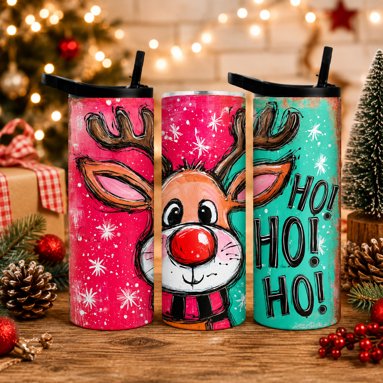 Ho Ho Ho Reindeer 20oz Tumbler, Colorful Christmas Holiday Cup