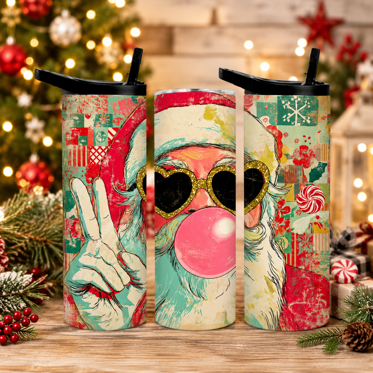 Retro Santa Bubblegum 20oz Duo Lid Tumbler | Groovy Christmas Cup